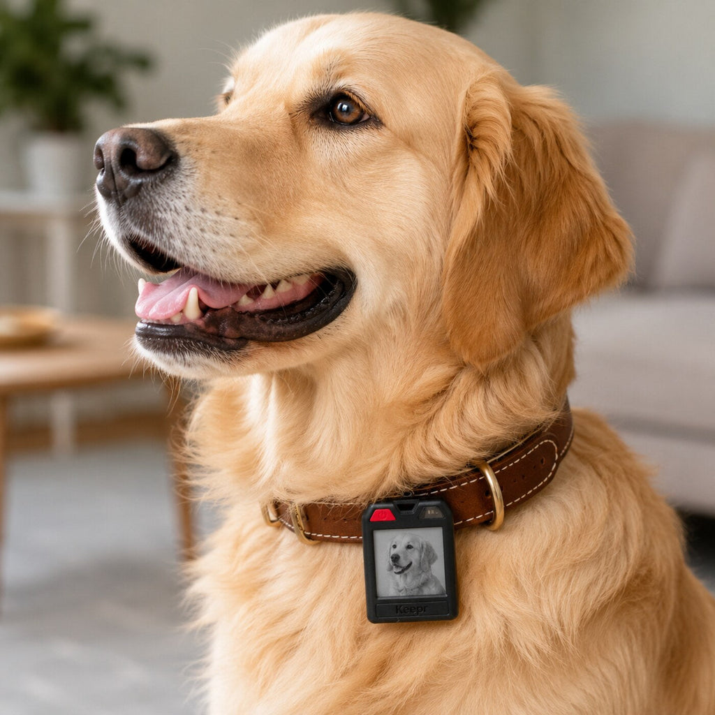 Keepr tracker on a dog collar with the dog's photo on screen